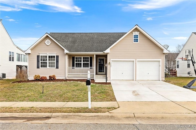 view of front of property featuring driveway, a garage, a shingled roof, covered porch, and a front lawn