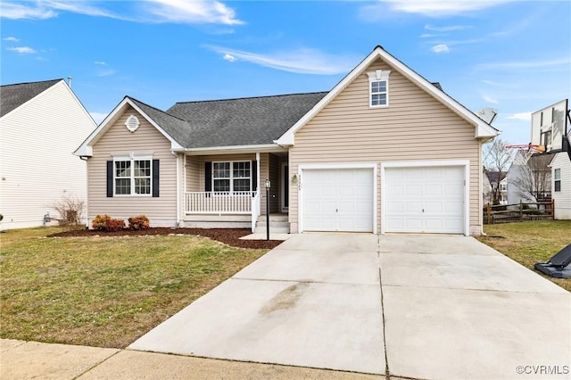 view of front facade featuring covered porch, driveway, a front yard, and fence