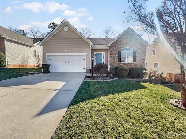 ranch-style home with a garage, concrete driveway, brick siding, and a front lawn