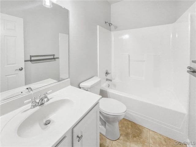 full bath with vanity, shower / washtub combination, tile patterned flooring, and toilet