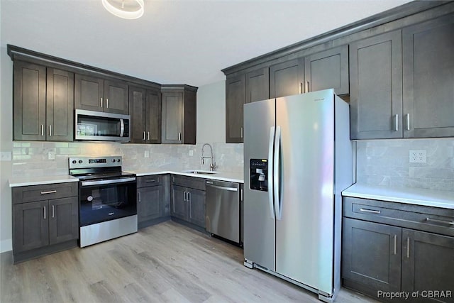 kitchen featuring stainless steel appliances, a sink, light wood-style floors, light countertops, and decorative backsplash