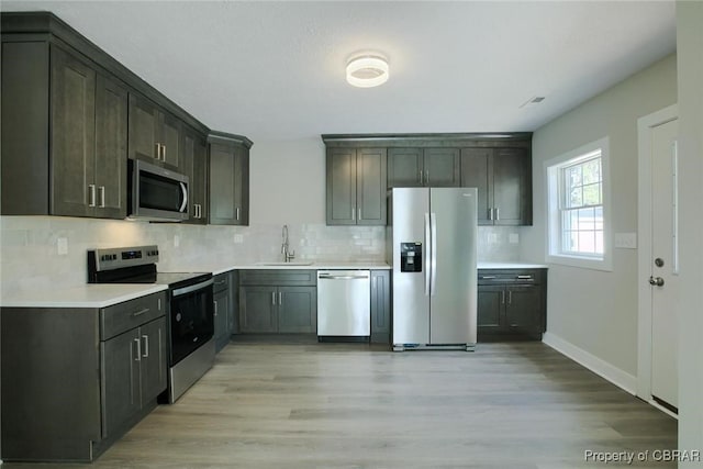 kitchen with decorative backsplash, appliances with stainless steel finishes, light countertops, light wood-type flooring, and a sink