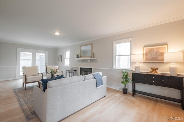 living area with light wood finished floors, a wealth of natural light, crown molding, and a glass covered fireplace