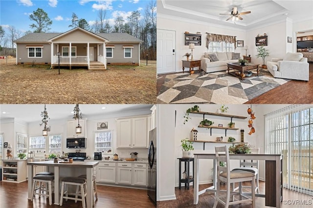 kitchen with open floor plan, ornamental molding, a wealth of natural light, a kitchen breakfast bar, and black appliances