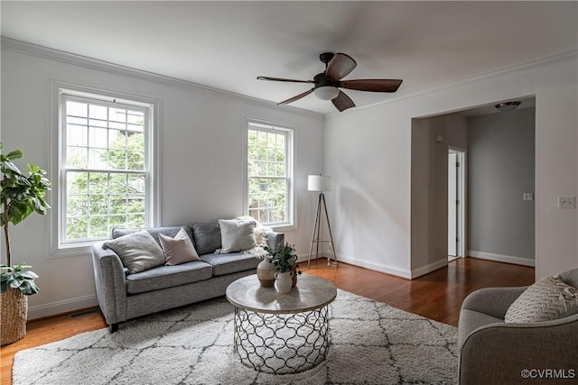 114 Cedar Works Row, Henrico, VA 23231 - living room featuring baseboards, ceiling fan, ornamental molding, and wood finished floors