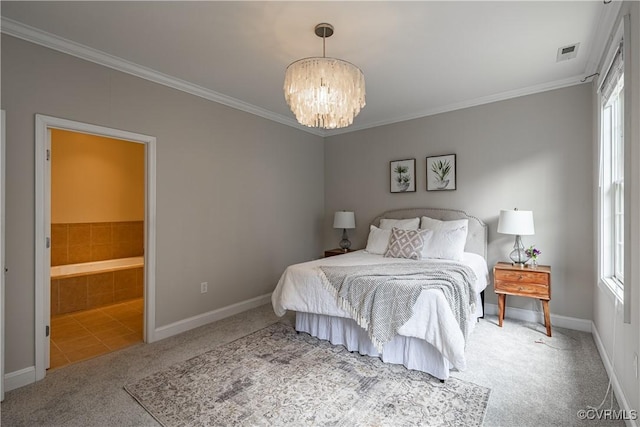 114 Cedar Works Row, Henrico, VA 23231 - bedroom featuring visible vents, crown molding, baseboards, carpet flooring, and a notable chandelier