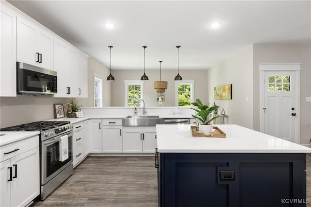 kitchen with a peninsula, a sink, stainless steel appliances, and light countertops