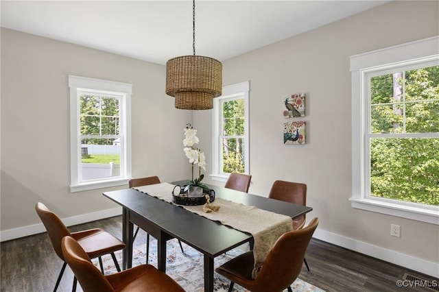 dining room with dark wood finished floors, a wealth of natural light, and baseboards