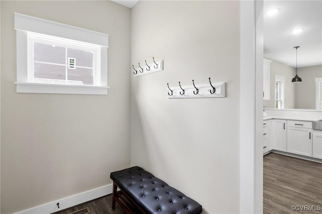 mudroom with baseboards and dark wood-style flooring