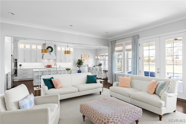 living area featuring dark wood-style floors, french doors, and ornamental molding