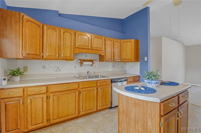 kitchen with stainless steel dishwasher, lofted ceiling, light countertops, and a sink