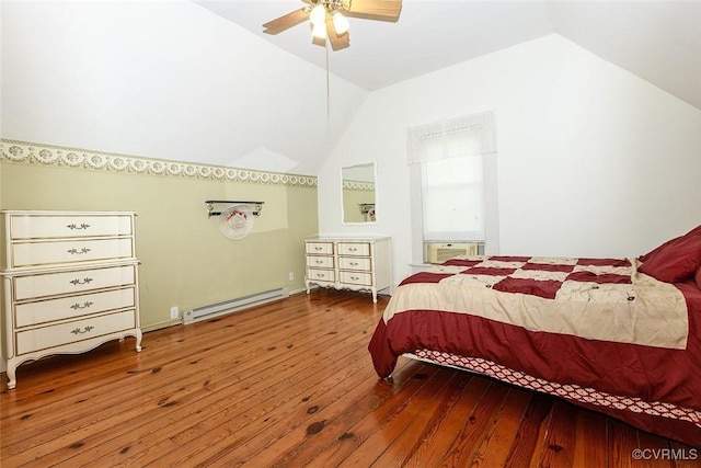 bedroom featuring a baseboard heating unit, lofted ceiling, ceiling fan, and hardwood / wood-style flooring