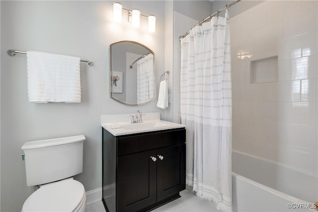 bathroom featuring toilet, shower / tub combo, tile patterned flooring, and vanity