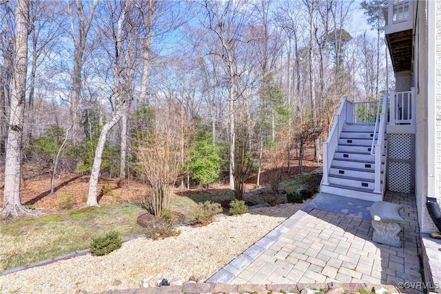 view of yard featuring a patio area and stairway