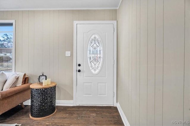 foyer with baseboards, dark wood-type flooring, and a healthy amount of sunlight