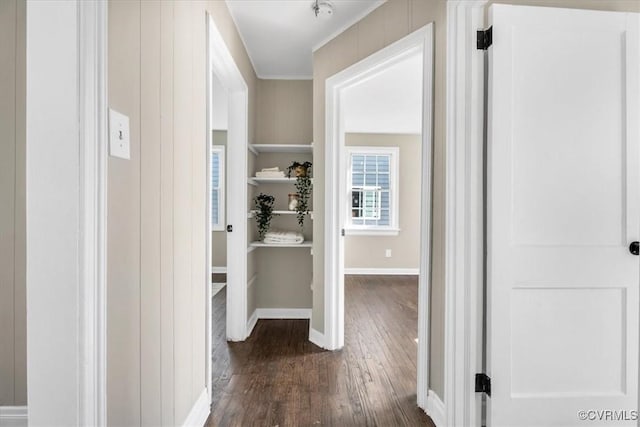 hallway featuring crown molding, dark wood-type flooring, and baseboards