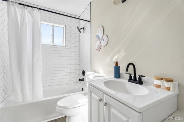 bathroom featuring toilet, shower / bath combination with curtain, and vanity