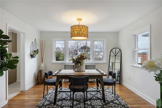 dining room featuring wood finished floors and baseboards