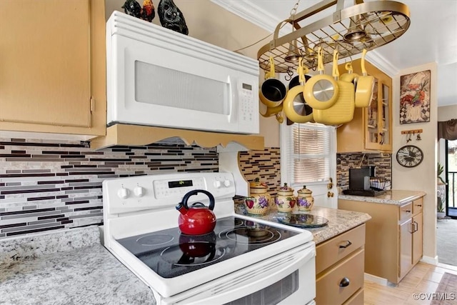 kitchen with white appliances, light brown cabinets, backsplash, and crown molding