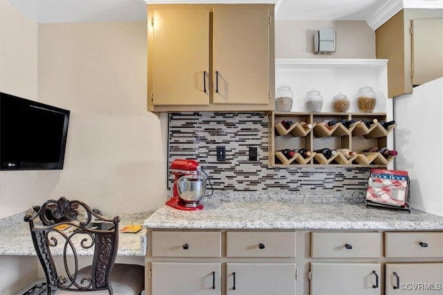 kitchen with open shelves and decorative backsplash