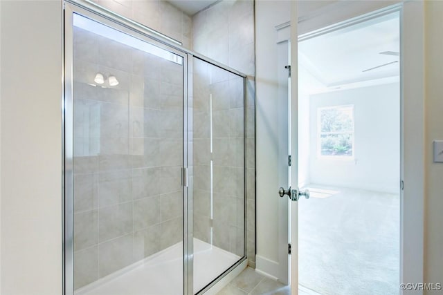 bathroom featuring tile patterned flooring and a shower stall