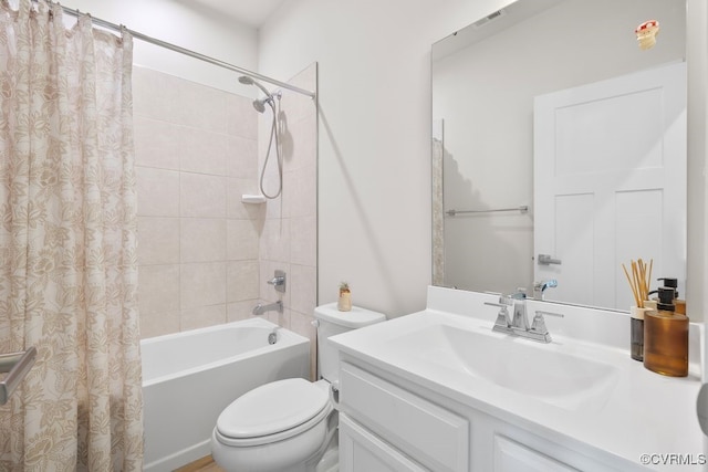 full bath with toilet, shower / bath combo, visible vents, and vanity