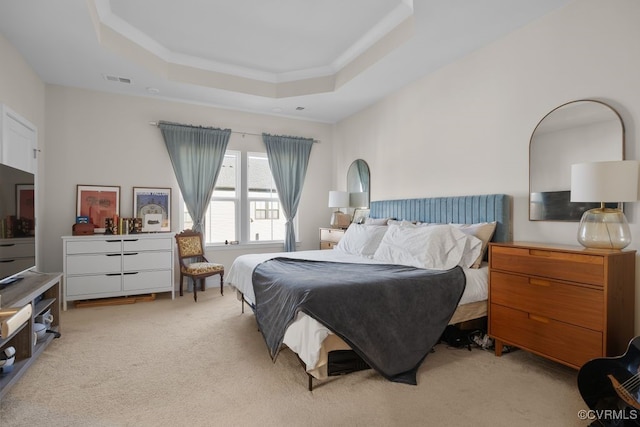 bedroom featuring carpet floors and a tray ceiling