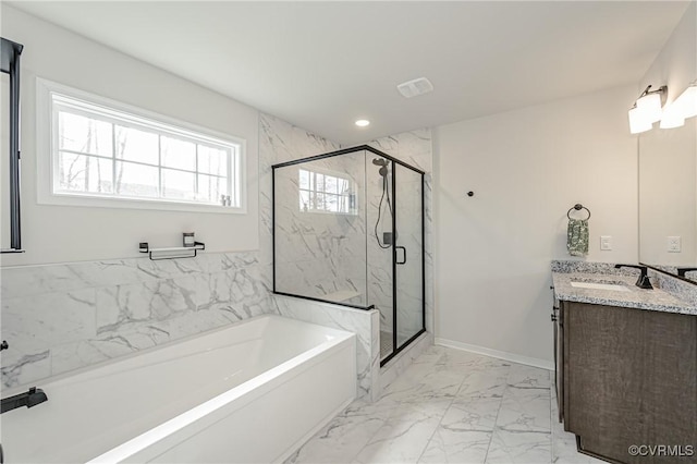 full bath with vanity, marble finish floor, a bath, and a marble finish shower