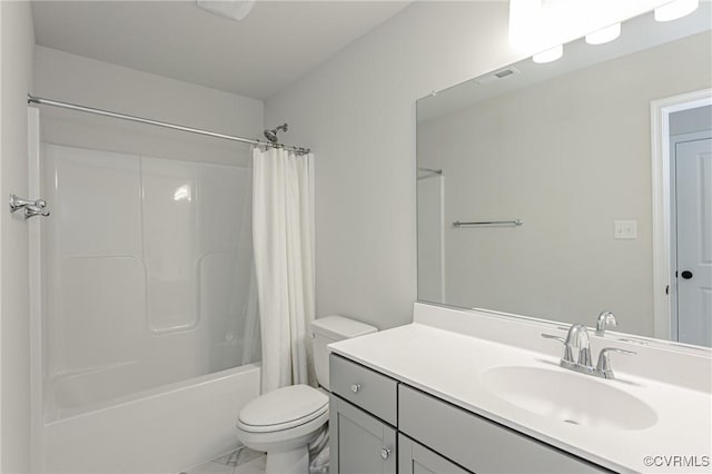 bathroom with vanity, shower / bath combo with shower curtain, toilet, and visible vents