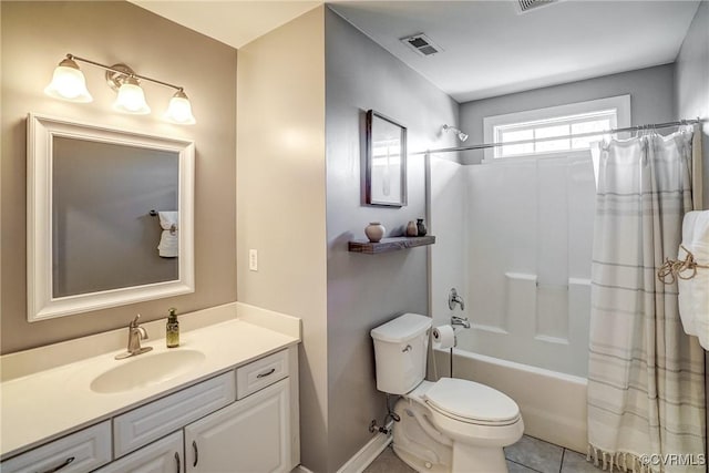 full bathroom with visible vents, toilet, shower / bath combination with curtain, tile patterned flooring, and vanity