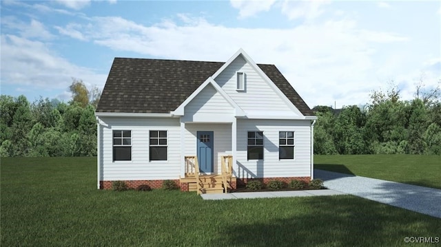 bungalow featuring driveway, a front lawn, and a shingled roof