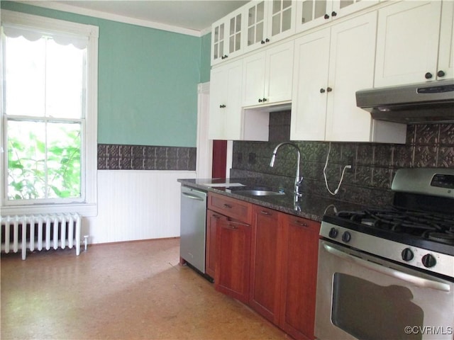 kitchen featuring a wainscoted wall, radiator, appliances with stainless steel finishes, a sink, and under cabinet range hood