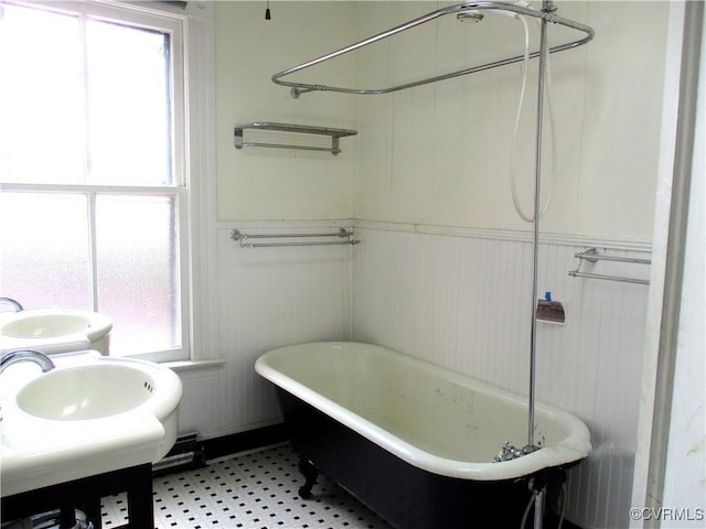 full bathroom with plenty of natural light, vanity, a freestanding bath, and wainscoting