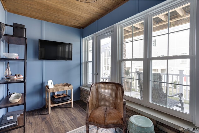 living area featuring wood finished floors and wood ceiling