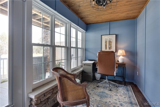 office area with wood finished floors and wood ceiling