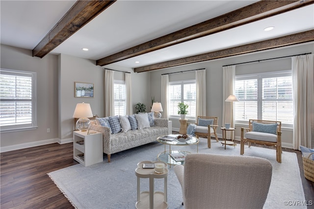 living room featuring baseboards, dark wood-type flooring, beamed ceiling, and recessed lighting