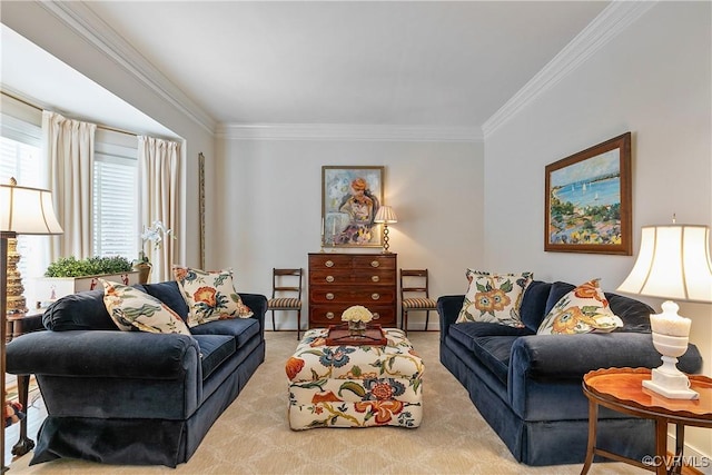 living area with carpet and crown molding