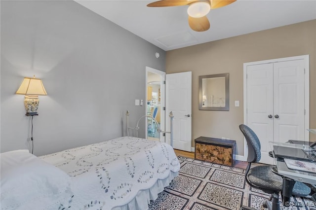 bedroom featuring ceiling fan and a closet