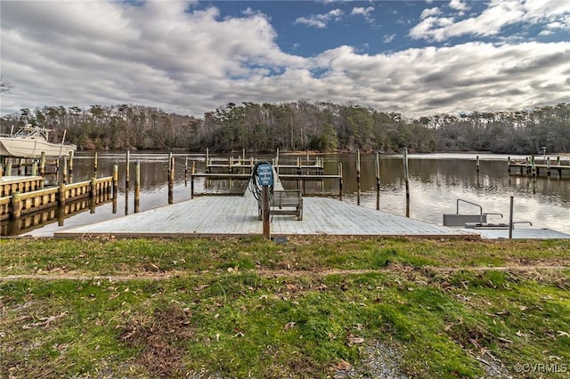 dock area with a water view and a forest view