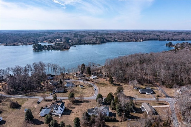 bird's eye view featuring a water view and a wooded view