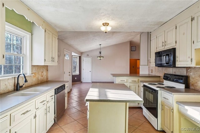 kitchen with light tile patterned floors, electric stove, stainless steel dishwasher, black microwave, and a sink