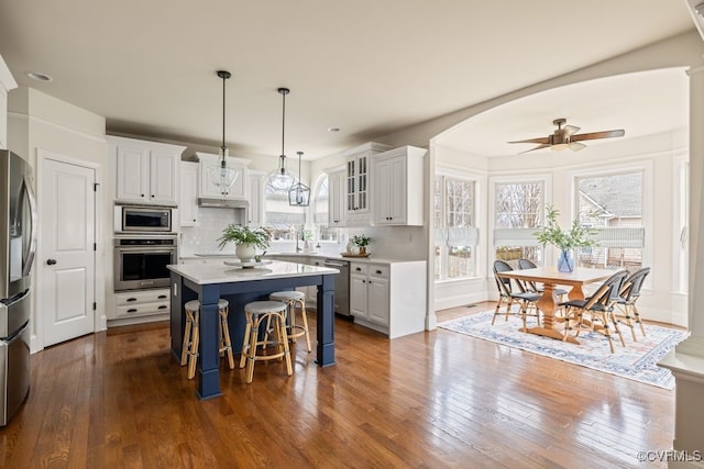 kitchen featuring dark wood-style flooring, decorative backsplash, appliances with stainless steel finishes, white cabinetry, and a kitchen island