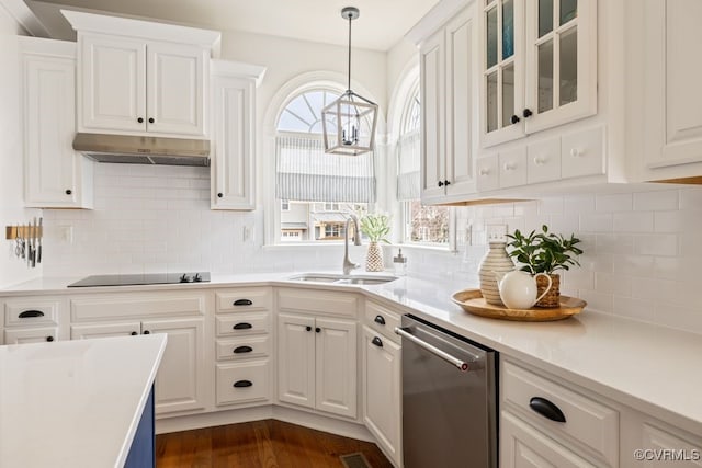 kitchen featuring black electric stovetop, white cabinetry, a sink, dishwasher, and under cabinet range hood