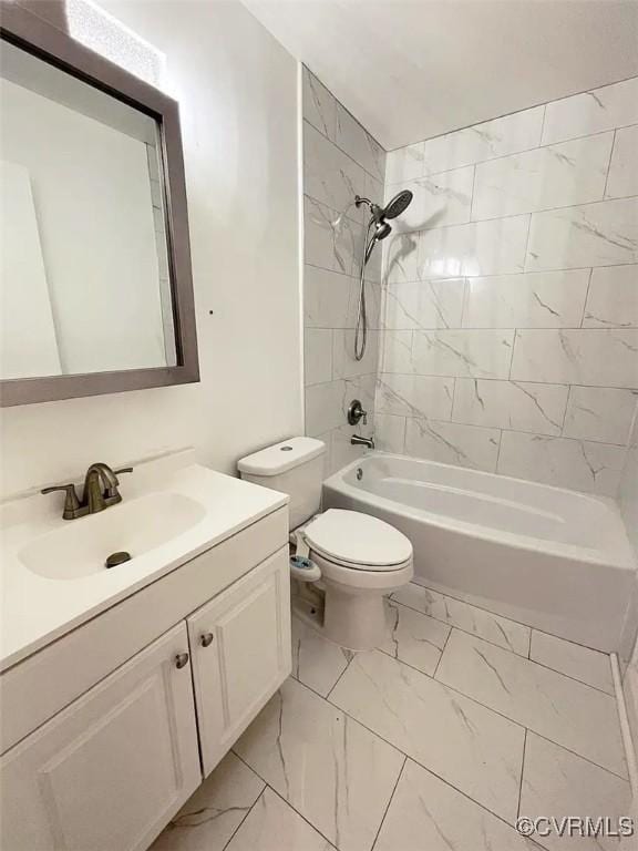 full bath featuring  shower combination, marble finish floor, vanity, and toilet