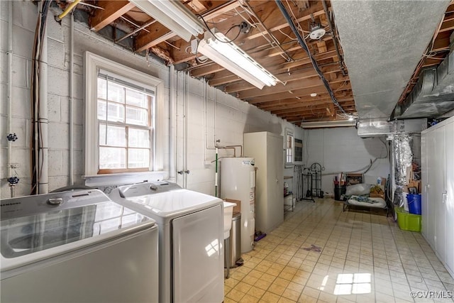 laundry area with laundry area, water heater, and independent washer and dryer