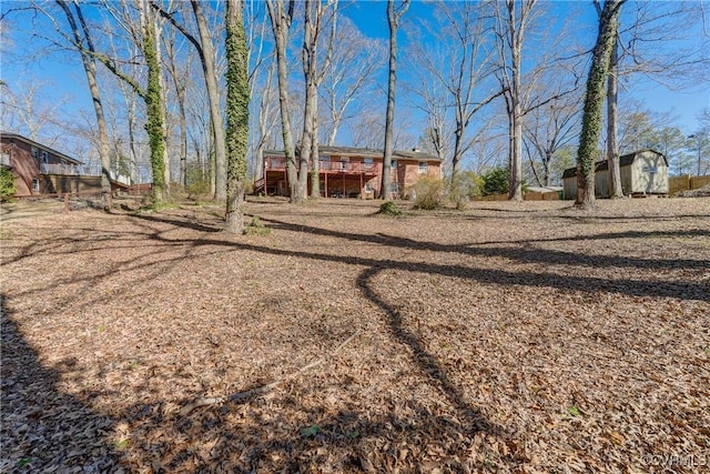 view of yard featuring an outdoor structure and a storage shed