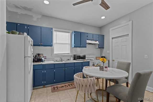 kitchen featuring blue cabinets, a ceiling fan, under cabinet range hood, a sink, and white appliances