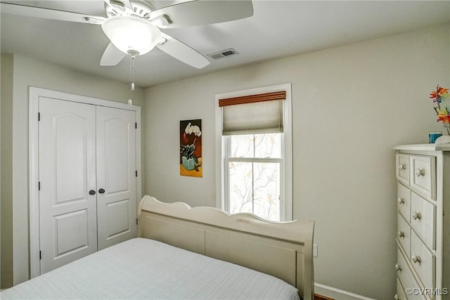 bedroom with ceiling fan, visible vents, and a closet