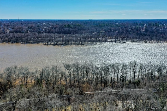 drone / aerial view with a wooded view