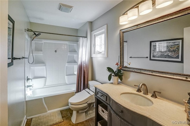 bathroom featuring toilet, vanity, visible vents, tile patterned floors, and shower / bathtub combination with curtain